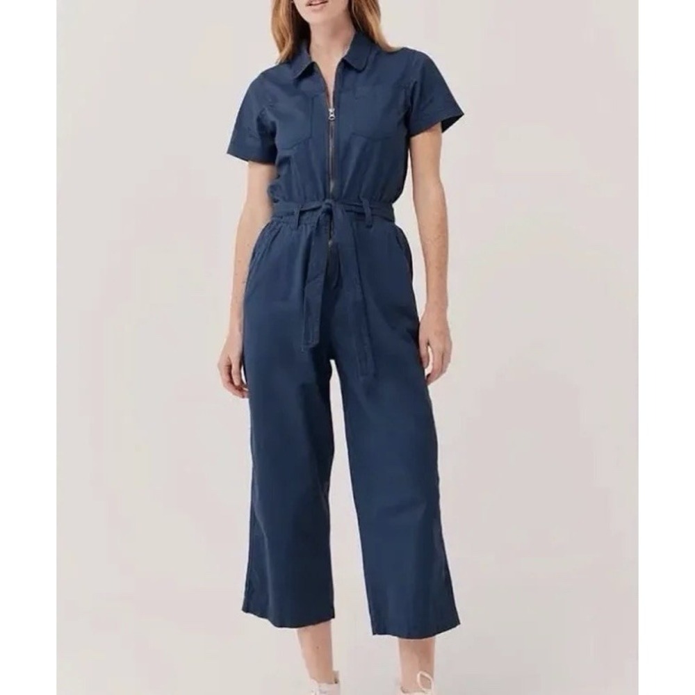 Pact Utility Jumpsuit Sz S Shirt Tie Waist Organic Cotton Stretch Preppy $148
